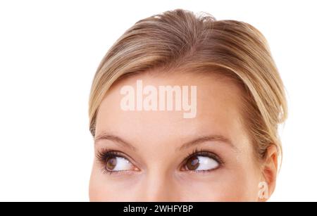 Closeup, eyes and woman with ideas, questions and decisions while planning, thinking and dreaming. Mockup, female person and vision with memories or Stock Photo