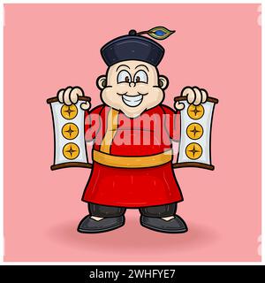 Mascot Character of Chinese Fat People With Money Symbol For New Year. Vector Illustrations. Stock Vector