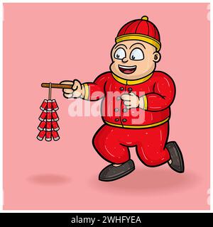 Mascot Character of Chinese Fat People With Firework For New Year. Vector Illustrations. Stock Vector