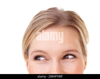 Closeup, eyes and woman with vision, questions and decisions while planning, thinking and dreaming. Mockup, female person and ideas with memories and Stock Photo