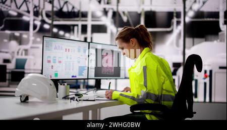 Engineer Operator Using SCADA System At Industrial Plant Stock Photo