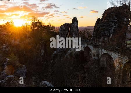 Rising sun and the famous Bastei bridge in the saxonian switzerland Stock Photo