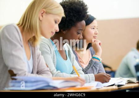 Students, university and writing notes in classroom, information and support for studying. People, books and knowledge in education for learning Stock Photo