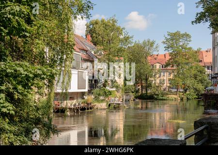 On the banks of the Gera River in Erfurt in Thuringia Stock Photo