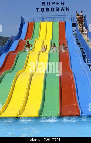 summer holidays toboggan aquatic park sliding vibrations spain ibiza Stock Photo