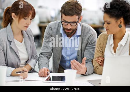 Business people, communication and tablet for digital paperwork to review corporate financial statement. Accounting, teamwork or analysis of expenses Stock Photo