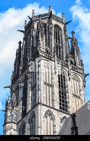 St. Salvator Church in Duisburg, part of the tower, the Gothic basilica from tuff stone is today a Protestant city church, blue Stock Photo