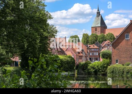 Old town with typical red brick buildings and St. Nikolai church of the medieval small city Moelln in Schleswig-Holstein, German Stock Photo