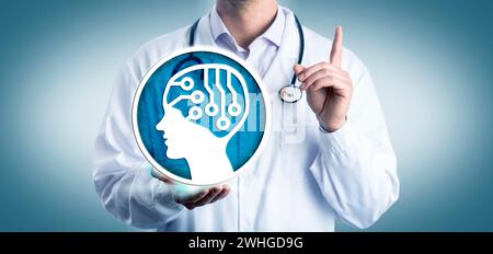 Unrecognizable medical practitioner with raised index finger reminding of artificial intelligence in health care. Technology and healthcare metaphor f Stock Photo