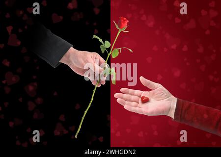 Hands of man and woman with a rose and a heart from glass against a halved background in red and black, love concept for valenti Stock Photo