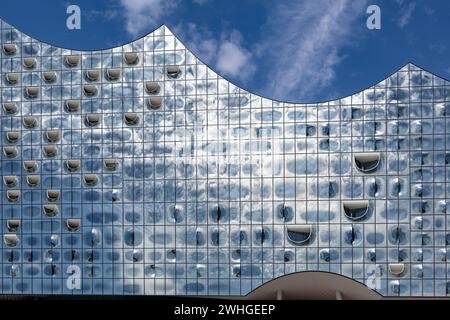 Elbphilharmonie, part of the glass facade, Hamburg concert hall, modern architecture in the historic warehouse city, landmark an Stock Photo
