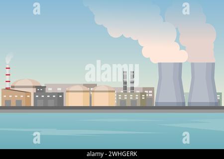 Nuclear power plant area beside the sea. Renewable energy. Vector illustration. Stock Vector
