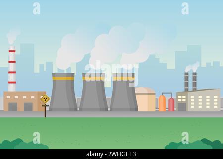 Nuclear power plant with city in background. Energy generation plant. Vector illustration. Stock Vector