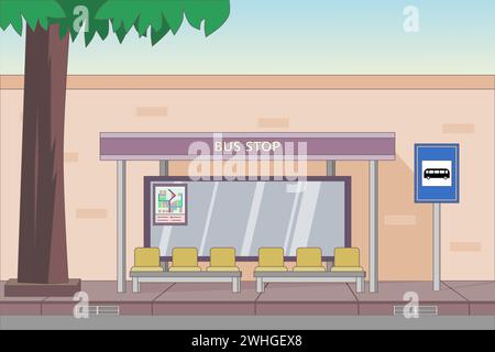 Bus stop with shelter on city street. Urban landscape with public transport station. Vector illustration. Stock Vector