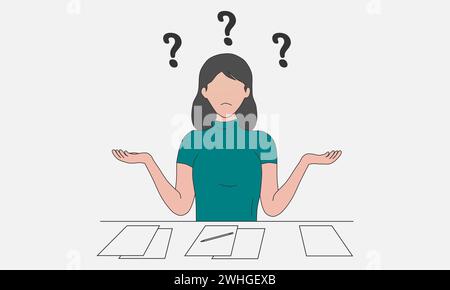 Confused woman. Woman in doubt thinking with question marks. Vector illustration. Stock Vector