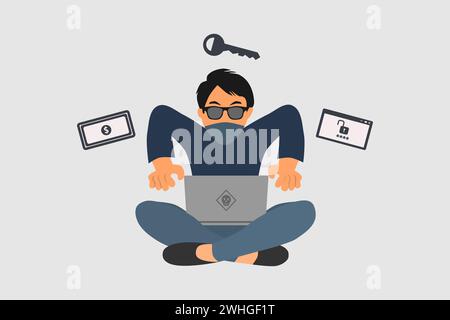Hacker or Cyber criminal with laptop stealing user personal data. Internet phishing concept vector illustration. Stock Vector