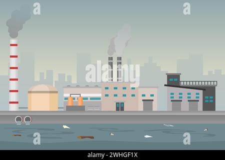 Air and water pollution by industrial production. Factory industry pollution. Vector illustration. Stock Vector