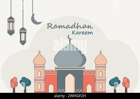 Ramadhan Kareem Concept. Islamic background design with mosque and ornament. Vector illustration. Stock Vector