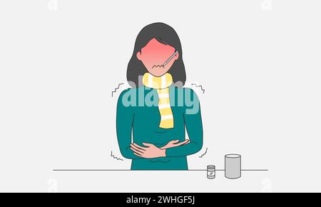 Woman feeling sick having high fever symptoms. Woman wearing scarf feeling sick. Cold or influenza disease concept. Vector illustration. Stock Vector