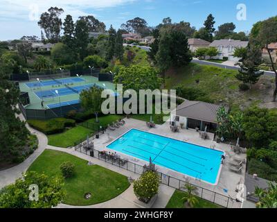 Aerial view of recreational facilities with tennis and pool in private residential community in La Jolla Stock Photo