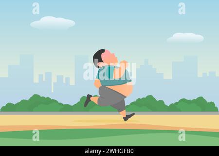 Fat man running in the city park to lose weight. Vector illustration. Stock Vector