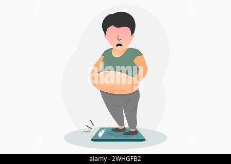 A fat pot-bellied man standing on the scales. Overweight man. Vector illustration. Stock Vector