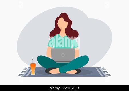 A young woman sitting on the floor and working on a laptop. Vector illustration. Stock Vector