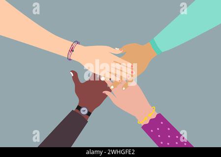 Multicultural people holding hands. Hands in a circle. Volunteer people group concept. Vector illustration. Stock Vector
