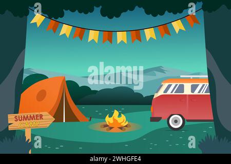 Summer camp at night with tent, campfire, and camper van. Vector illustration. Stock Vector