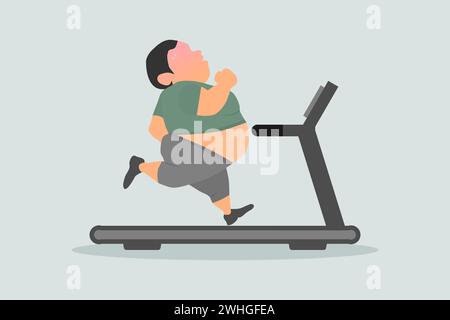 An overweight fat man running on treadmill. Weight loss and anti-obesity. Vector illustration. Stock Vector