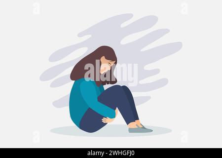 Woman in depression. Young sad girl sitting and unhappy hugging her knees. Vector illustration. Stock Vector