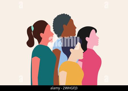 Faceless woman group. Women of different ethnicities stand side by side together. International Women's Day banner. Vector illustration. Stock Vector
