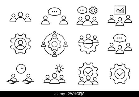 Teamwork process line icon set in flat. Creative, discussion and brainstorming symbols. Talking people and meeting signs. Simple abstract icons. Vecto Stock Vector