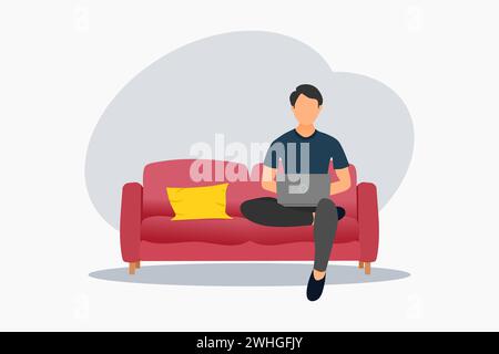 A young man sitting on the red sofa and working on a laptop. Vector illustration. Stock Vector
