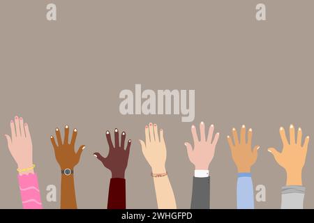 Raised hands of multiethnic people. Volunteer people group concept. Vector illustration. Stock Vector