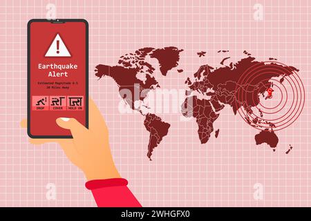 Earthquake app alert on the phone with safety guide. Pulsation epicenter location mark and world map. Vector illustration. Stock Vector