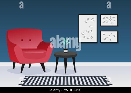 Interior design of a living room with red sofa and dark blue wall. Home interior. Vector illustration. Stock Vector