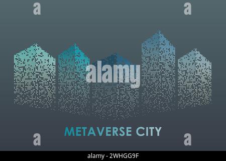 City buildings vector illustration with dotted pattern. Dotted Skyscrapers Silhouette. Metaverse city illustration. Stock Vector