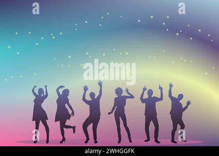 A group of happy dancing men and women with colorful gradient background. New year party concept. Vector illustration. Stock Vector