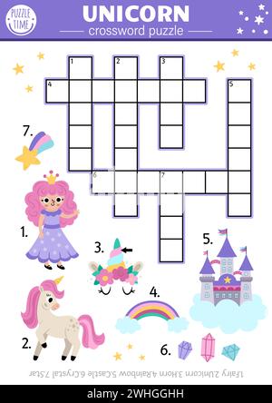 Vector unicorn crossword puzzle for kids. Simple fantasy country quiz with fairy, rainbow, crystals, falling star for children. Cute fairytale educati Stock Vector