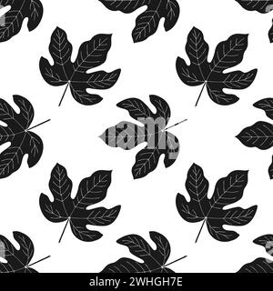 This image features a repeating pattern of stylized black fig leaves set against a crisp white background, suitable for textiles or wallpapers. Stock Vector
