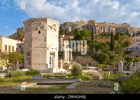 Athens, Greece - April 27 2019: The ruins of the Roman forum and the Tower of the Winds (Horologion of Andronikos Kyrrhestes). Stock Photo