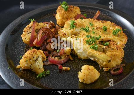 Baked spicy cauliflower slices with red onions on a black plate, healthy vegetable dish for low carb diet, close up shot, copy s Stock Photo