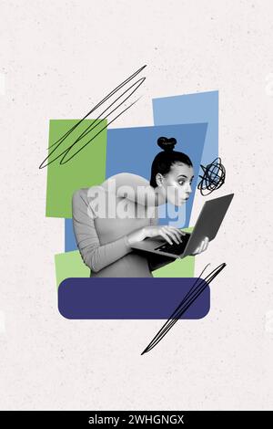 Collage photo concept of back pain funny woman working with distorted neck spasm using netbook isolated over white color background Stock Photo