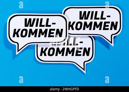 Willkommen in Sprechblasen Kommunikation Konzept reden Stuttgart, Deutschland - 16. Januar 2024: Willkommen in Sprechblasen Kommunikation Konzept reden in Stuttgart, Deutschland. *** Welcome to Speech Bubbles Communication Concept Talk Stuttgart, Germany January 16, 2024 Welcome to Speech Bubbles Communication Concept Talk in Stuttgart, Germany Stock Photo