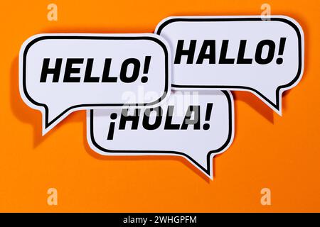 Hallo in verschiedenen Sprachen Sprechblasen Kommunikation Konzept reden Stuttgart, Deutschland - 16. Januar 2024: Hallo in verschiedenen Sprachen Sprechblasen Kommunikation Konzept reden in Stuttgart, Deutschland. *** Hello in different languages speech bubbles communication concept talk Stuttgart, Germany January 16, 2024 Hello in different languages speech bubbles communication concept talk in Stuttgart, Germany Stock Photo