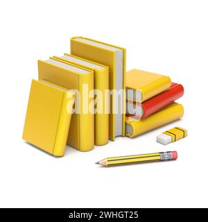 Stack of yellow books with pencil and eraser 3D Stock Photo