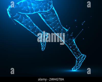 Polygonal vector illustration of running legs on a dark blue background. Stock Photo