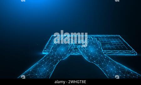 Polygonal vector illustration of hands and computer keyboard on a dark blue background. Stock Photo
