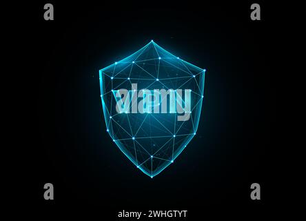 Polygonal VPN shield vector illustration on dark blue background, Virtual Private Network low poly design. Stock Photo